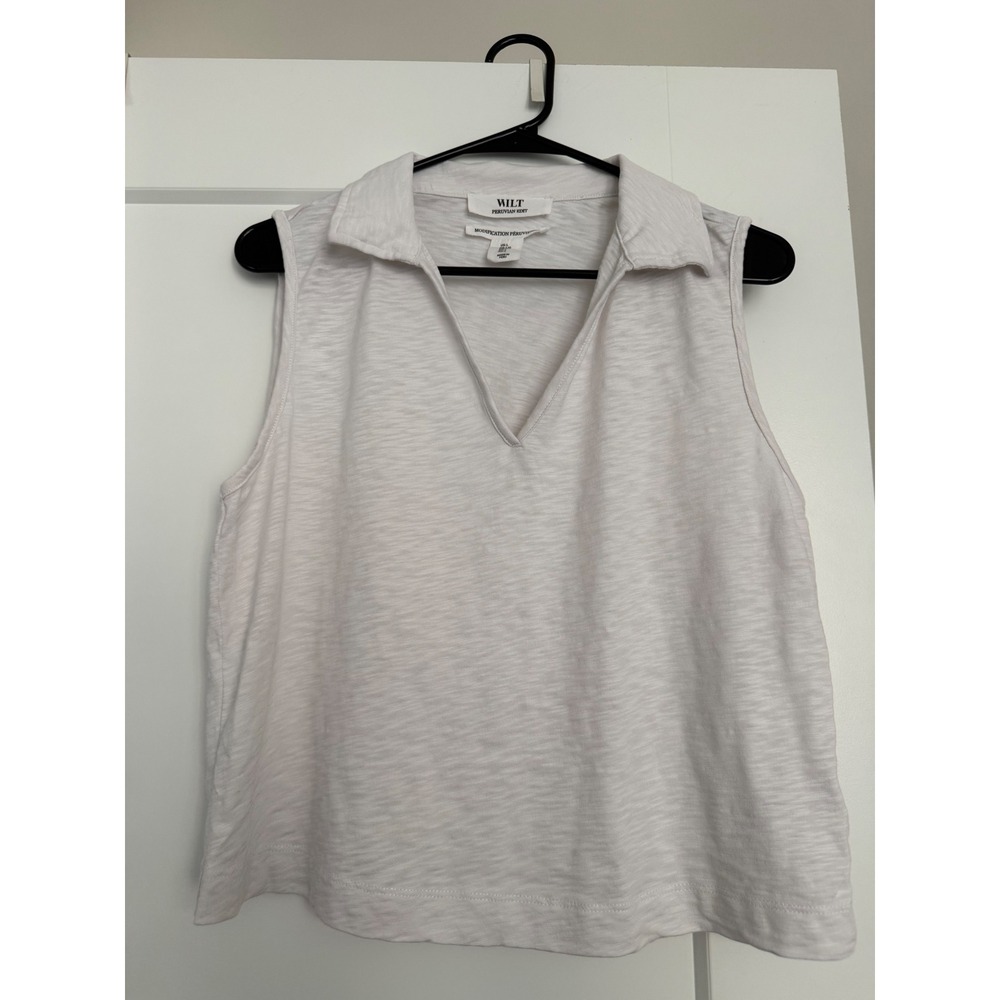Wilt Peruvian Edit White Slub Knit Sleeveless V-Neck Polo Top Large